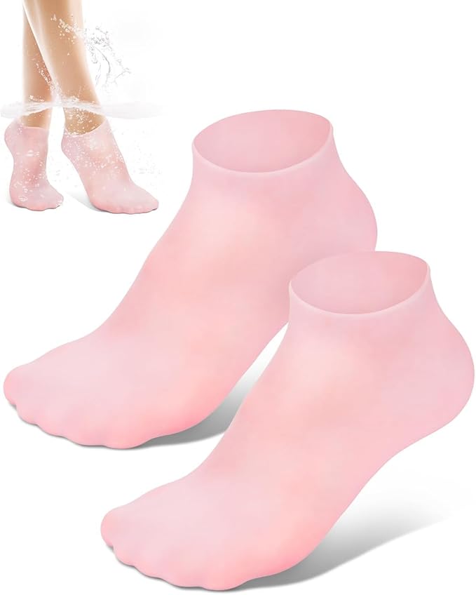 Pink silicone moisturizing gel socks for foot and heel care