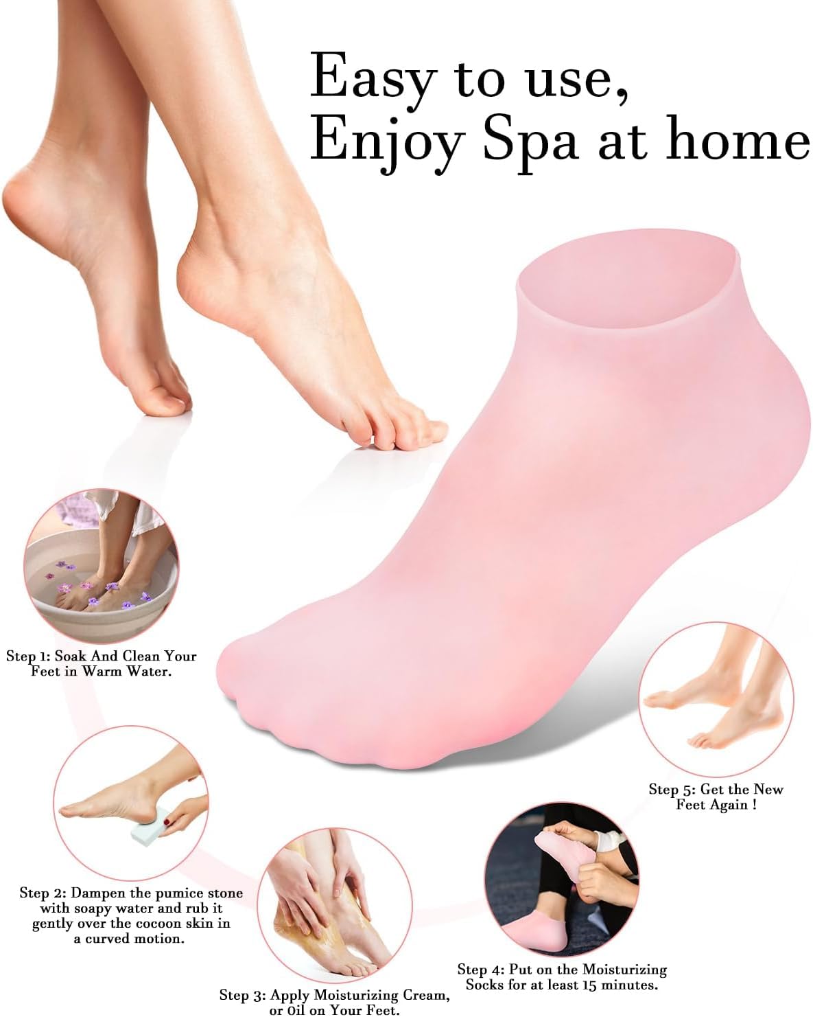 Pink silicone moisturizing gel socks for foot and heel care