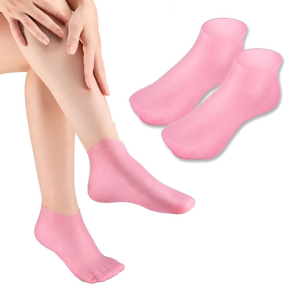 Pink silicone moisturizing gel socks for foot and heel care