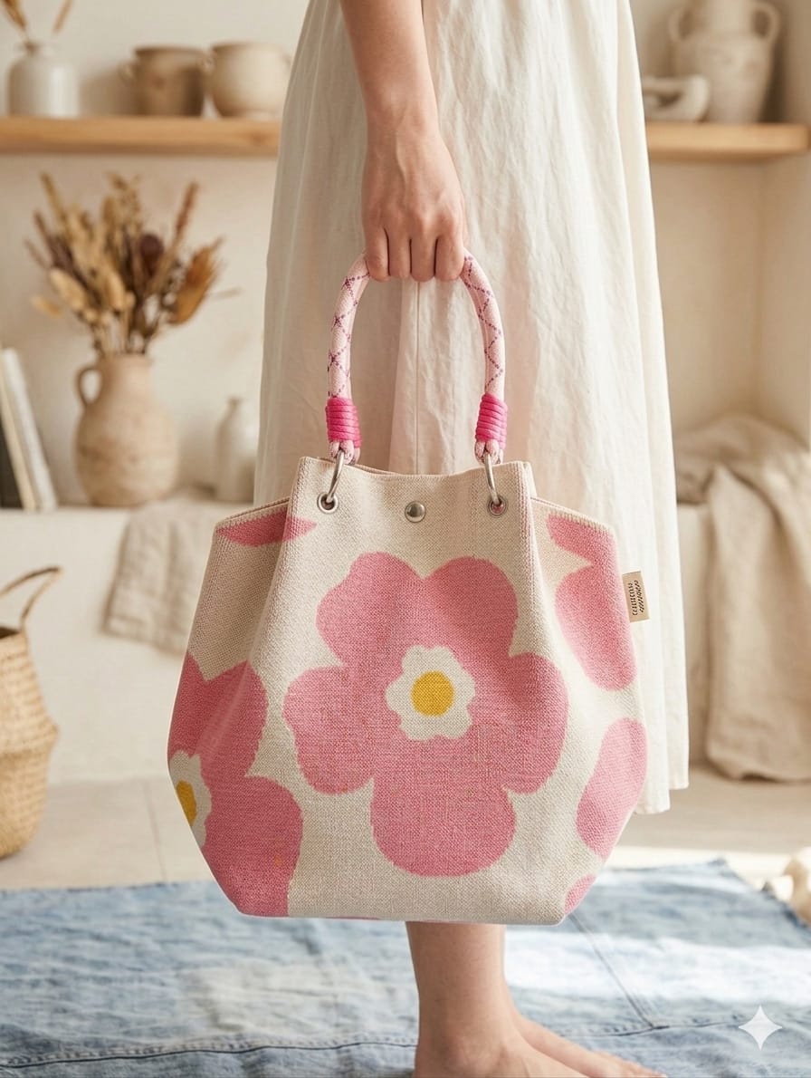 Pink Flower Design Hand Bag