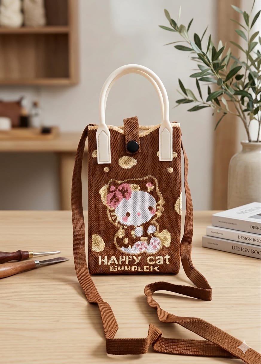 Brown Cat Design Mobile Sling Bag