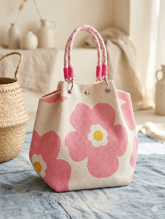 Pink Flower Design Hand Bag