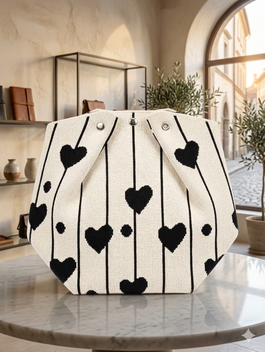 White bag with black heart patterns on a marble surface in an indoor setting