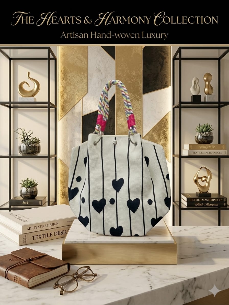 White knitted tote handbag with black heart vertical line pattern and multicolor handles for women
