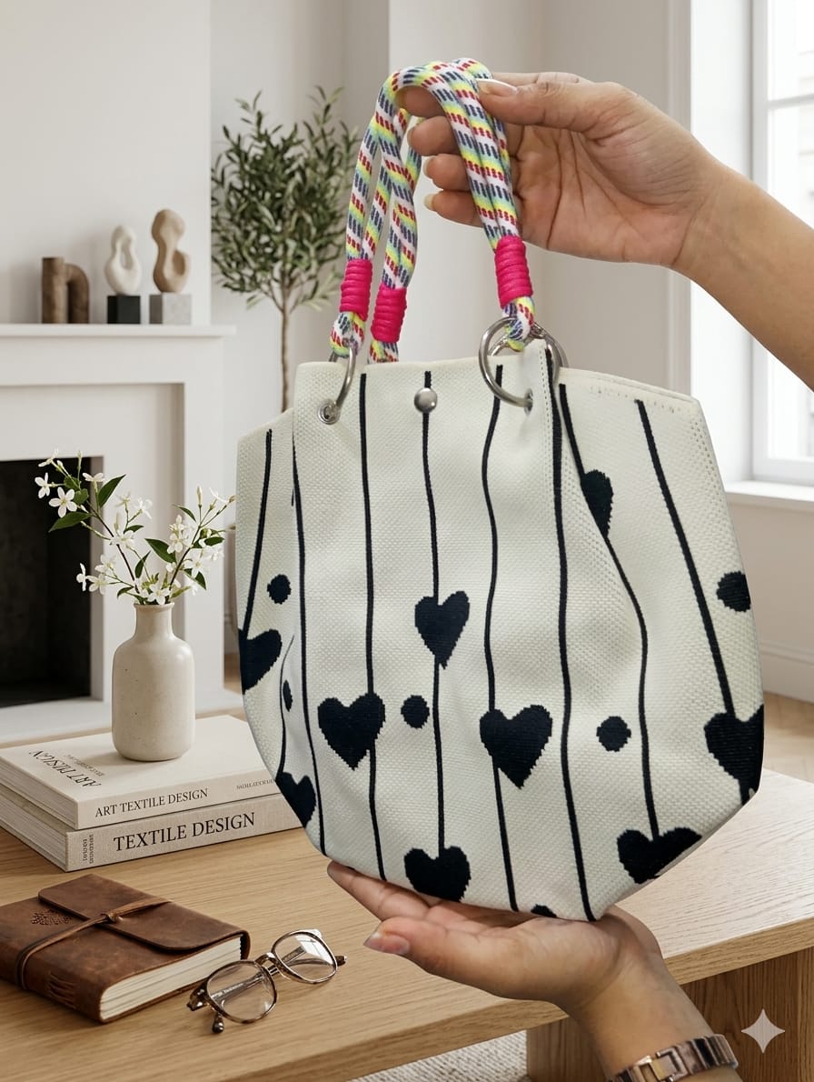 White knitted tote handbag with black heart vertical line pattern and multicolor handles for women