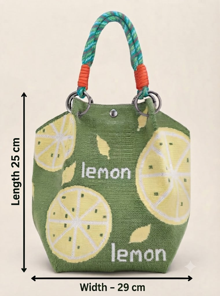 Green lemon print handbag for women with colourful rope handles and yellow lemon design