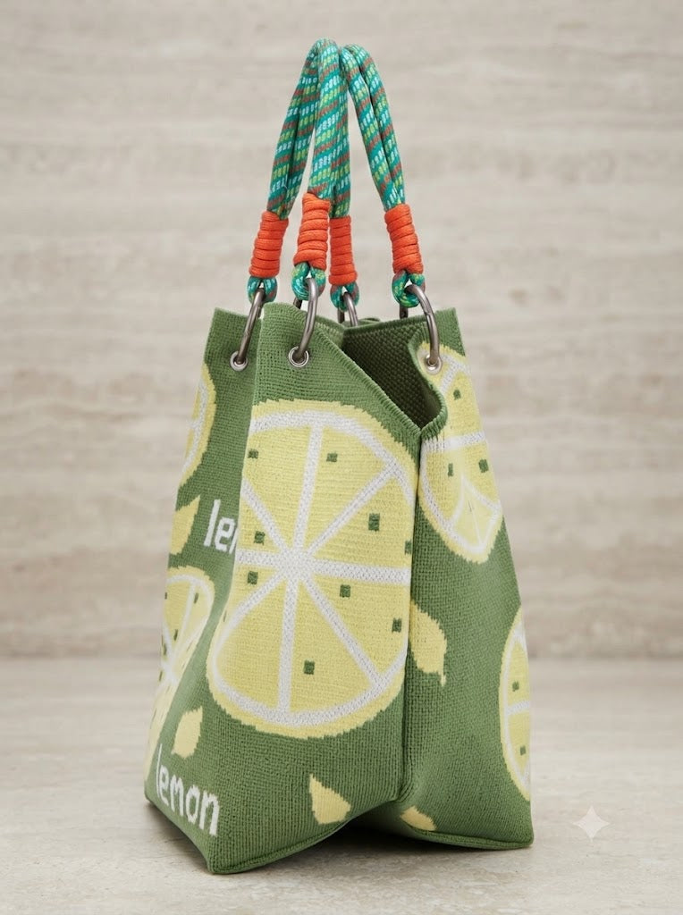 Green lemon print handbag for women with colourful rope handles and yellow lemon design