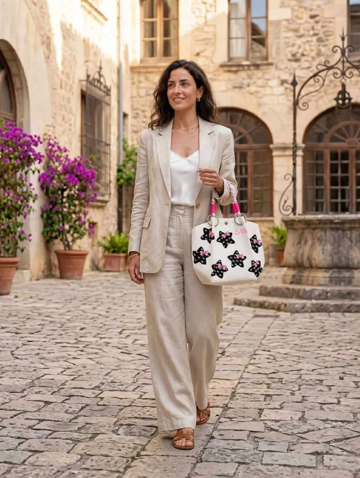 Women’s white printed tote handbag with black stars pink bows and rope handle