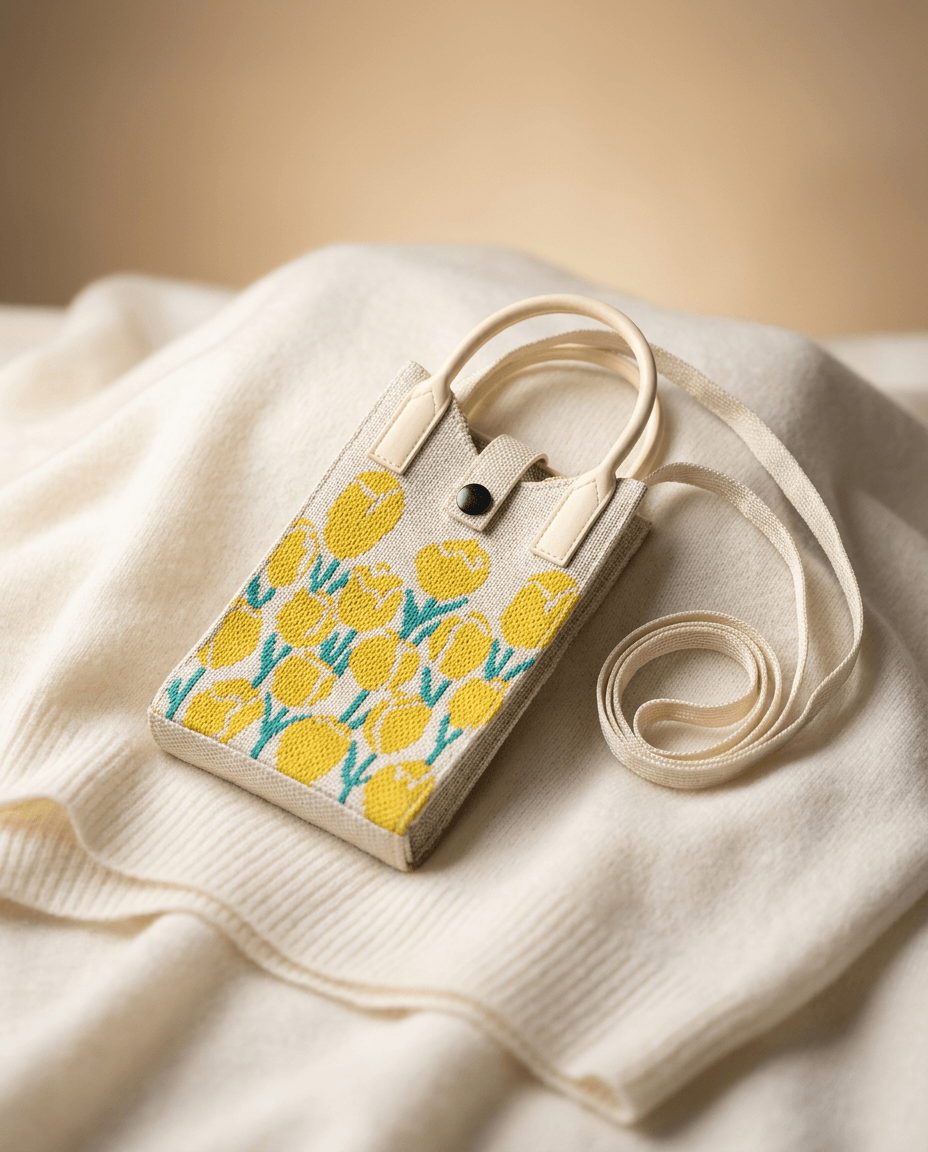 Cream knitted mobile sling bag with yellow tulip floral design and long shoulder strap